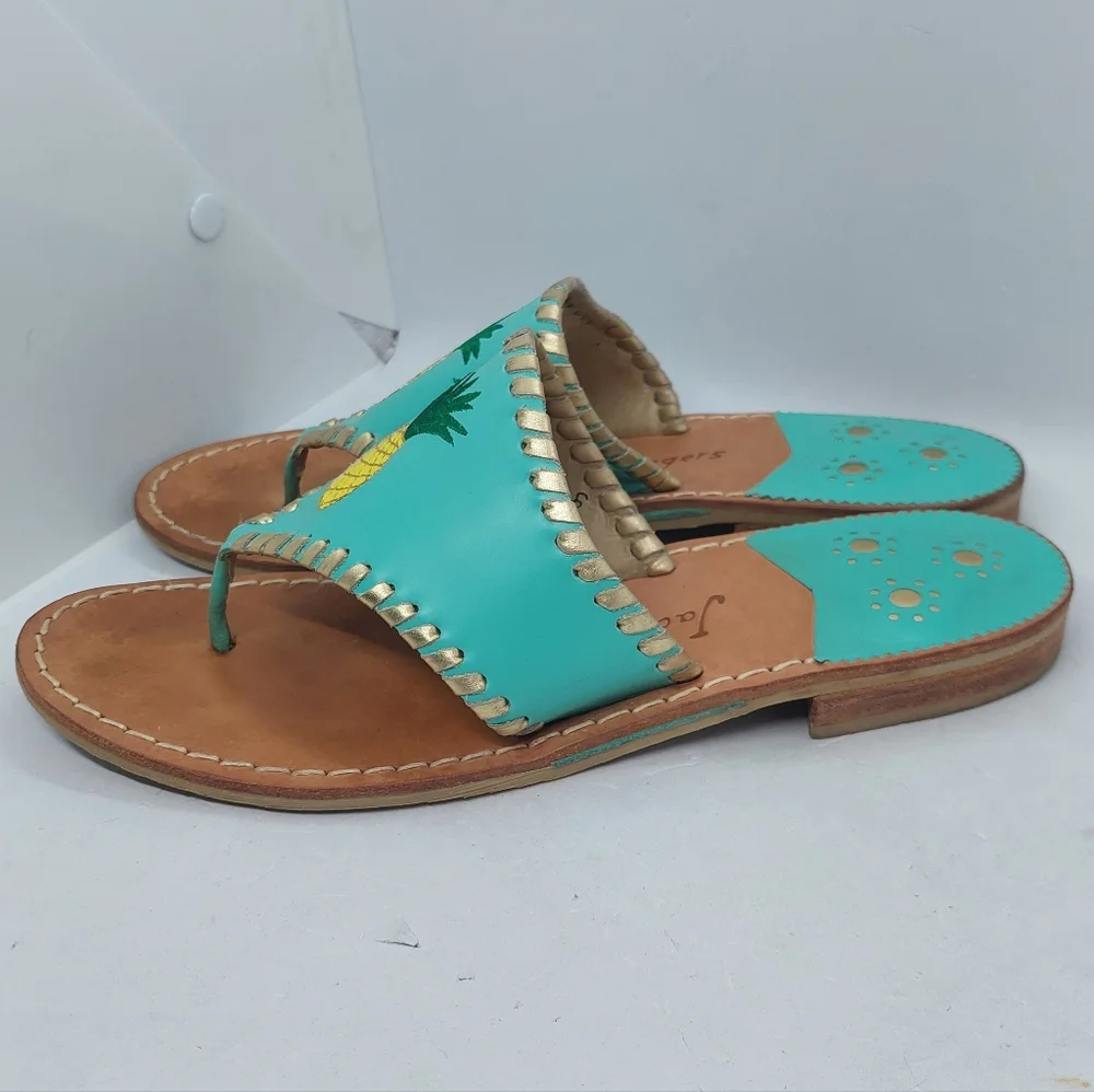 Jack Rogers Sandals Embroidered Pineapple Turquoise Leather Women's Size 9